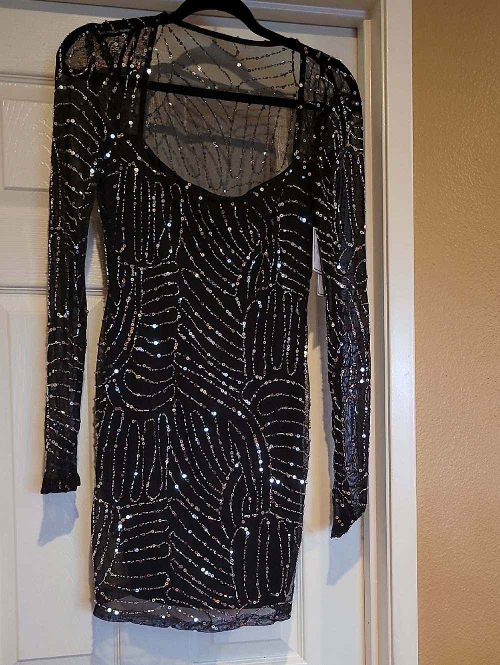 Premier Amour Black Sequin Long Sleeve Sheer Cocktail Dress